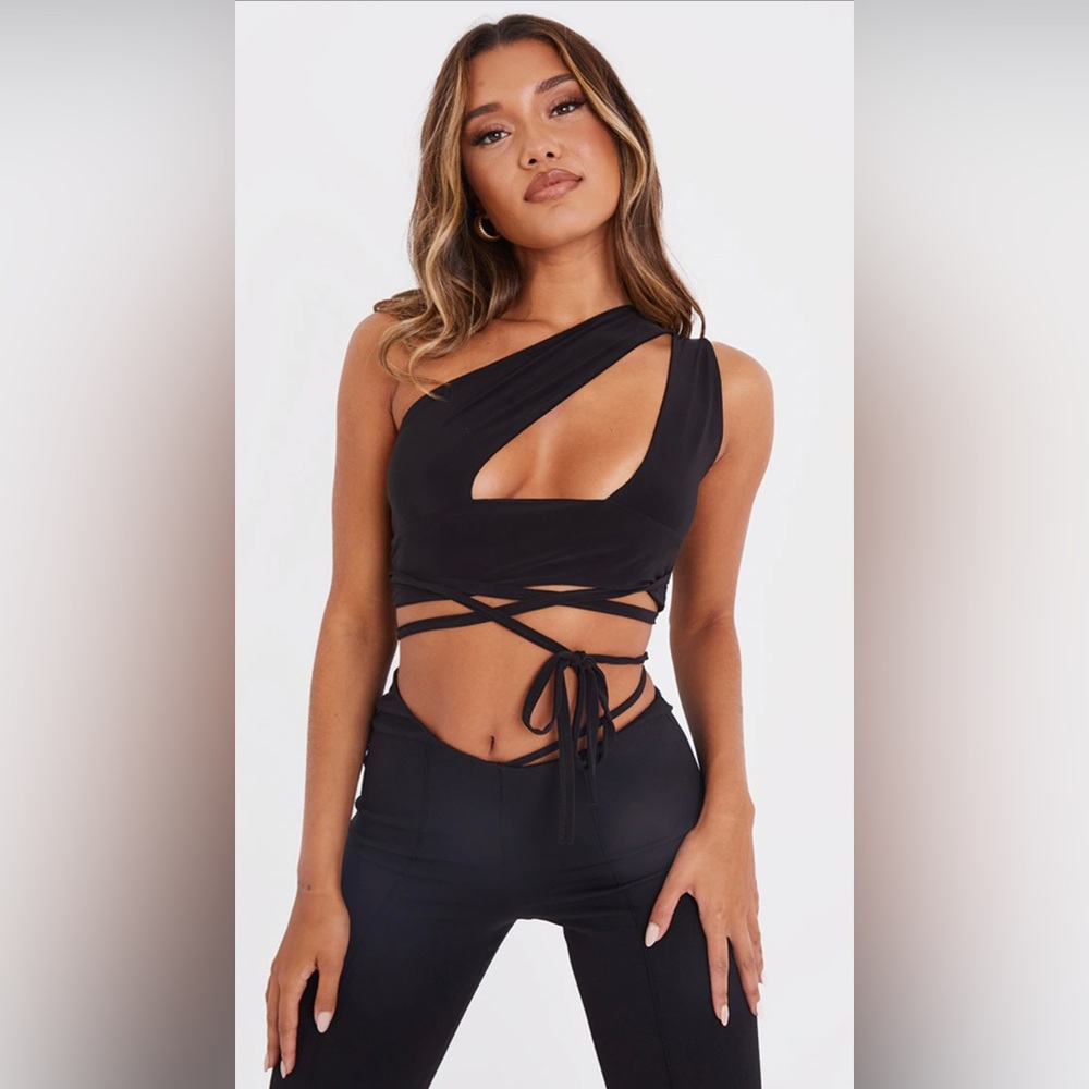NWT Prettylittlething Black Slinky One Shoulder Cut Out Tie Waist Crop Top